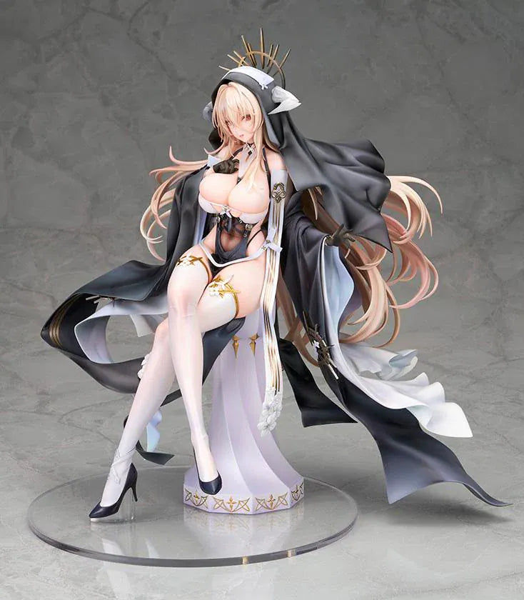 Azur Lane Implacable Special Ver. 1/7 Scale Figure with long blonde hair, black-and-white outfit, gold accents, halo headpiece, and clear display base