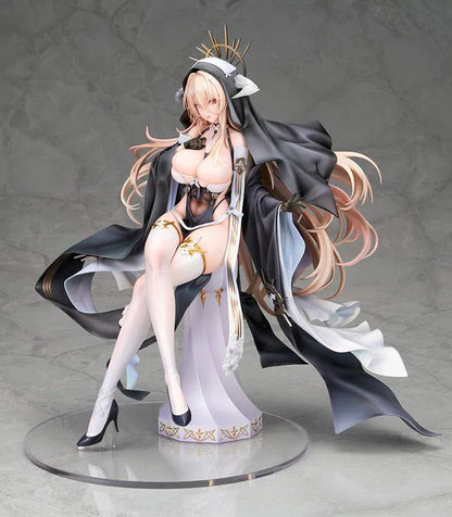 Azur Lane Implacable Special Ver. 1/7 Scale Figure with long blonde hair, black-and-white outfit, gold accents, halo headpiece, and clear display base