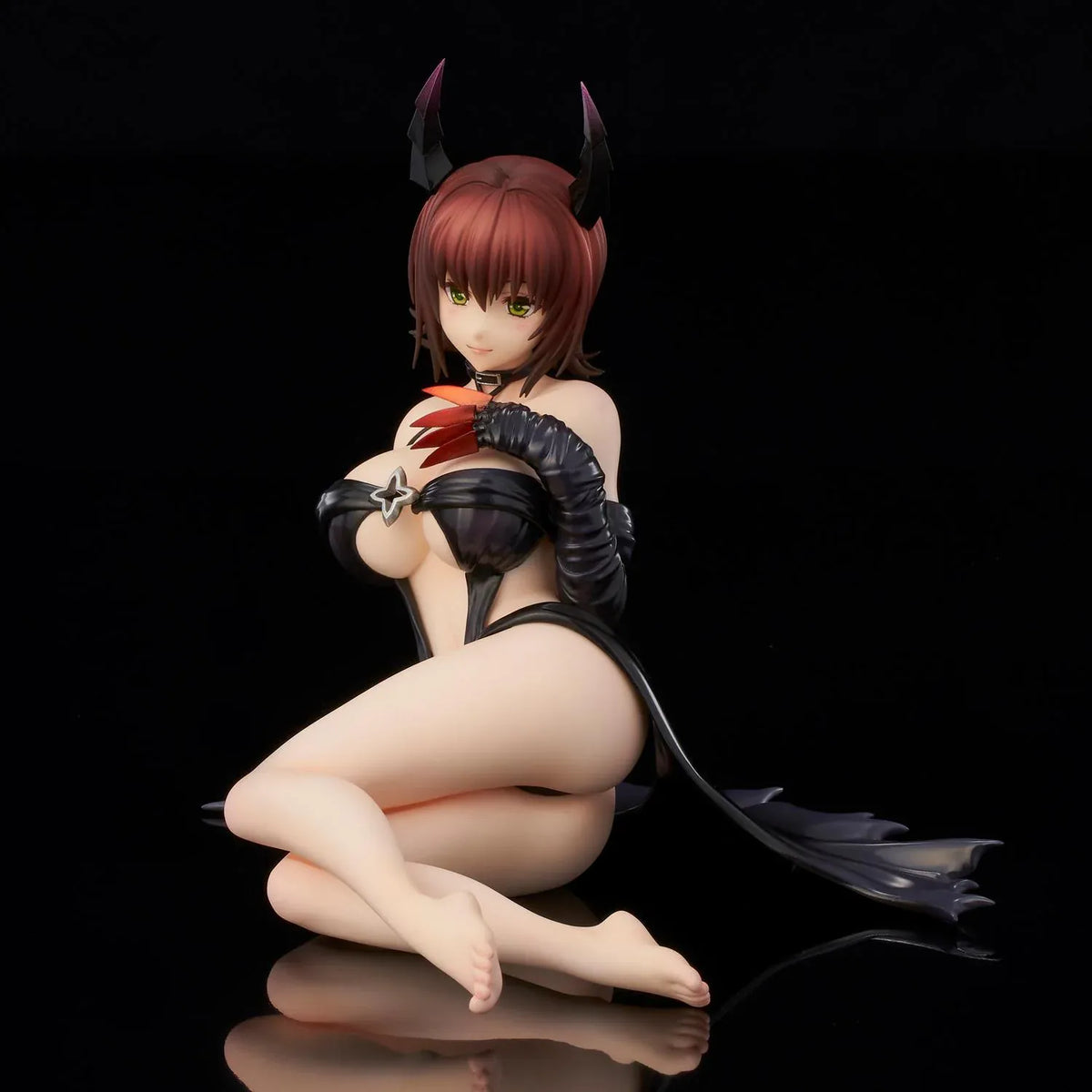 To Love-Ru Darkness Ryoko Mikado Darkness Ver. Figure (Rerelease) featuring a short reddish-brown-haired anime woman with green eyes, black horns, a revealing black outfit, long gloves, and red claw-like accents in a seated pose.