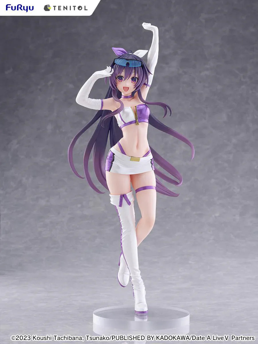 Date A Live V Tenitol Tall Tohka Yatogami Race Queen Ver. Figure featuring Tohka with long purple hair, white-and-purple race queen outfit, sunglasses, and matching boots.