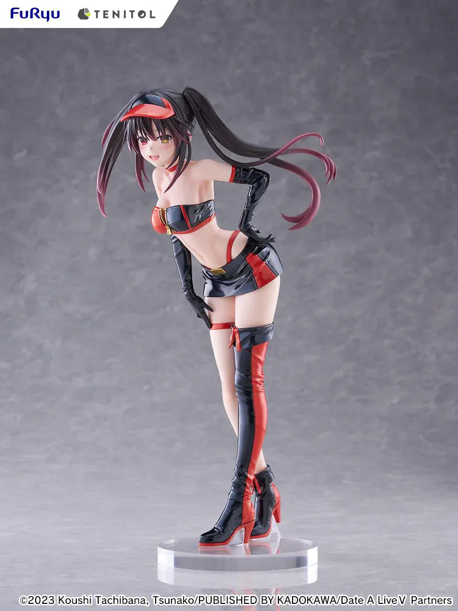 Date A Live V Tenitol Tall Kurumi Tokisaki Race Queen Ver. Figure featuring Kurumi with twin-tail hair, black-and-red race queen outfit, visor, gloves, and thigh-high boot styling.