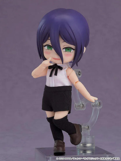 Chainsaw Man The Movie Reze Arc Nendoroid Doll Reze featuring Reze in a chibi doll design with purple hair, green eyes, white top, black shorts, and knee-high socks.