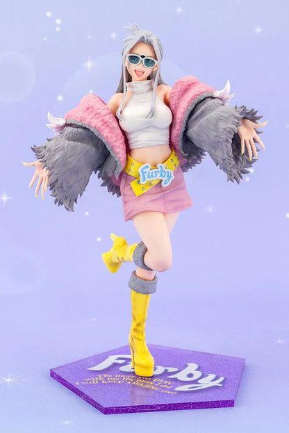 Furby Bishoujo Figure with fashionable character in sunglasses, fuzzy jacket, yellow boots, Furby companion, and glittery display base