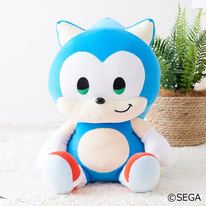 Sonic & Friends Sonic large plush with green eyes, white gloves, red shoes, and a seated pose.