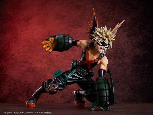 My Hero Academia Katsuki Bakugo (Metallic Ver.) 1/4 Scale Figure featuring Bakugo in an action pose with metallic armor, grenade gauntlets, and dynamic expression.