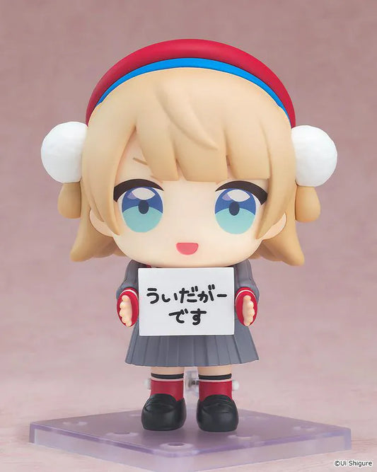 Shigure Ui Nendoroid Uidaga Figure with blonde hair, blue eyes, red headband, fluffy earmuffs, and gray school outfit