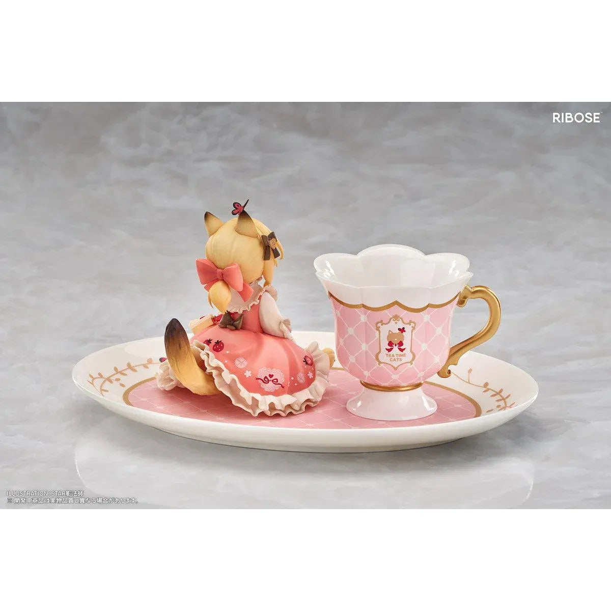 DLC Series Tea Time Cats Orange Cat Non Scale Figure by RIBOSE featuring an orange-haired cat girl with green eyes, a pink outfit, fluffy cat ears, and paw-shaped sleeves sitting beside a decorative pink teacup on a matching serving tray.