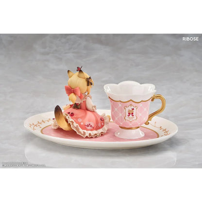 DLC Series Tea Time Cats Orange Cat Non Scale Figure by RIBOSE featuring an orange-haired cat girl with green eyes, a pink outfit, fluffy cat ears, and paw-shaped sleeves sitting beside a decorative pink teacup on a matching serving tray.