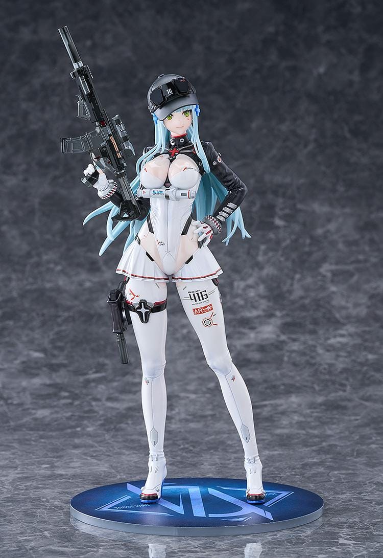 Girls' Frontline 2 Exilium Klukai Speed Star figure with light blue hair, a white and black outfit, cap, goggles, and rifle on a blue display base.