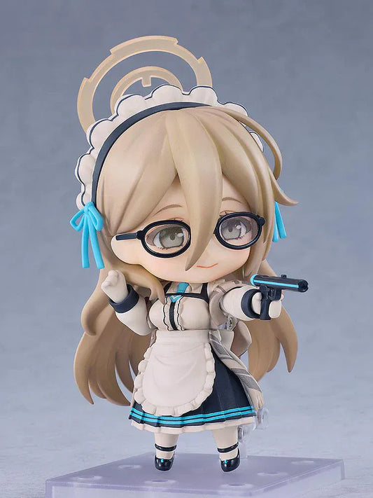 Chibi Nendoroid figure of Akane Murokasa from Blue Archive wearing a maid-style outfit with glasses and halo headpiece, holding a baton.