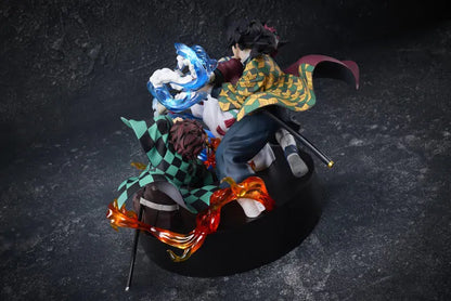 Demon Slayer Tanjiro Kamado, Giyu Tomioka, and Akaza vignette figure featuring translucent water and fire battle effects.