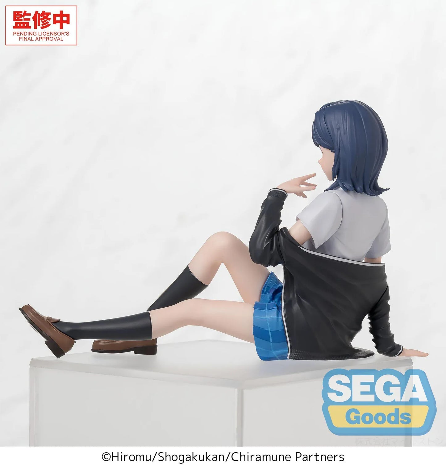 Chitose Is in the Ramune Bottle Yuzuki Nanase Premium Perching Figure by SEGA Goods featuring Yuzuki seated in a school uniform with blue plaid skirt and black jacket.