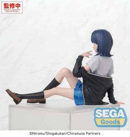 Chitose Is in the Ramune Bottle Yuzuki Nanase Premium Perching Figure by SEGA Goods featuring Yuzuki seated in a school uniform with blue plaid skirt and black jacket.