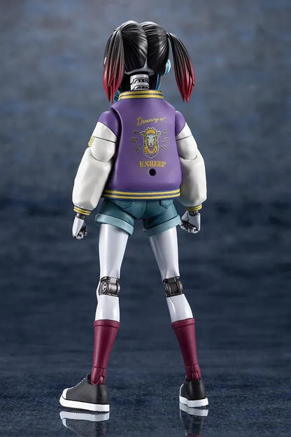 Milky Subway The Galactic Limited Express Makina Model Kit Figure featuring a robotic anime girl with black twin-tail hair, a blue-tinted face, a purple varsity jacket with white sleeves, denim shorts, mechanical arms and legs, burgundy socks, and black-and-white sneakers.
