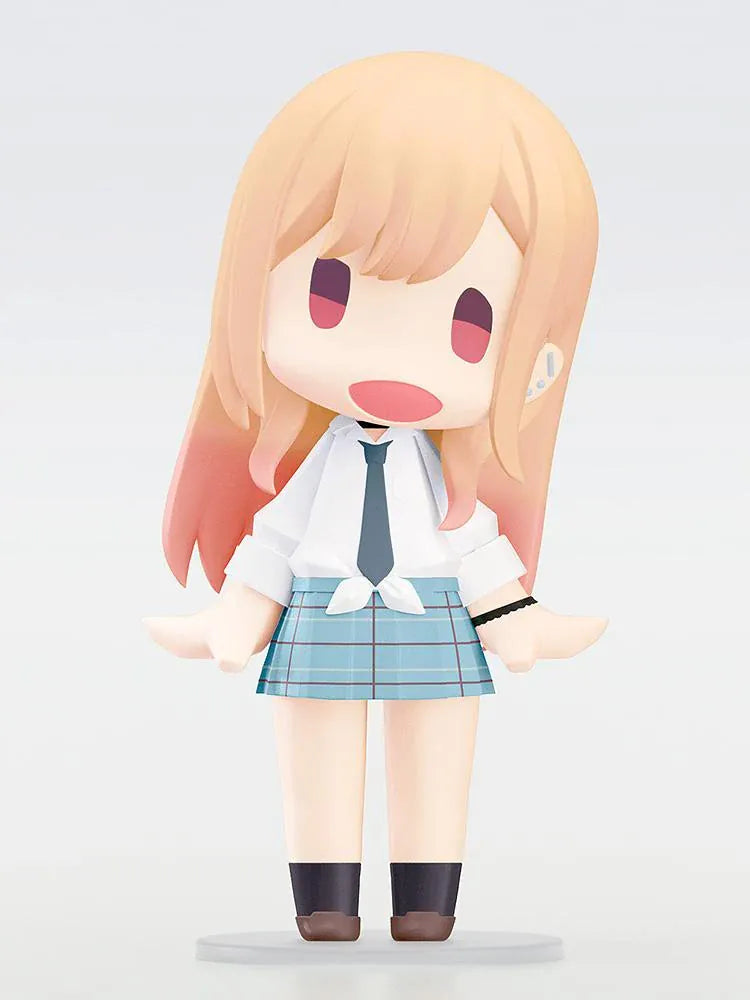 HELLO! GOOD SMILE Marin Kitagawa figure with blonde and pink hair, a smiling face, tied white shirt, dark necktie, and blue plaid skirt.