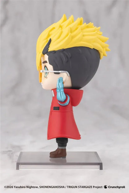 TRIGUN STARGAZE Oshi Works Mini Vash the Stampede figure with blond hair, amber glasses, red coat, toothy grin, and raised mechanical arm.
