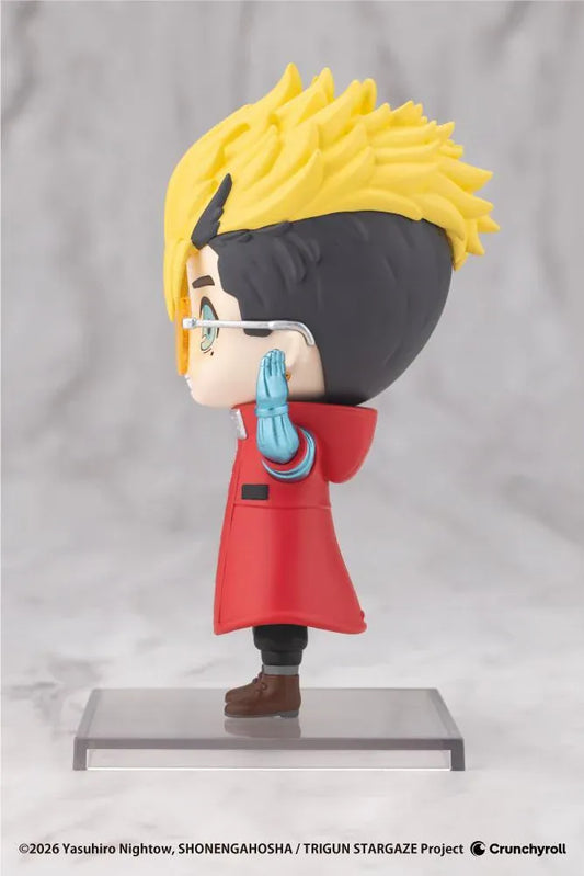 TRIGUN STARGAZE Oshi Works Mini Vash the Stampede figure with blond hair, amber glasses, red coat, toothy grin, and raised mechanical arm.