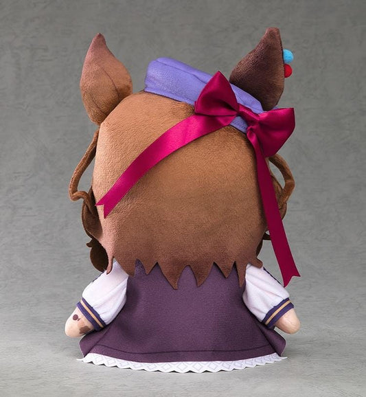 Umamusume Pretty Derby Kuripan Plushie Matikanetannhauser (Rerelease) featuring a brown-haired horse girl with orange embroidered eyes, a purple cap, horse ears, red hair clips, and a purple and white outfit in a cute seated design.