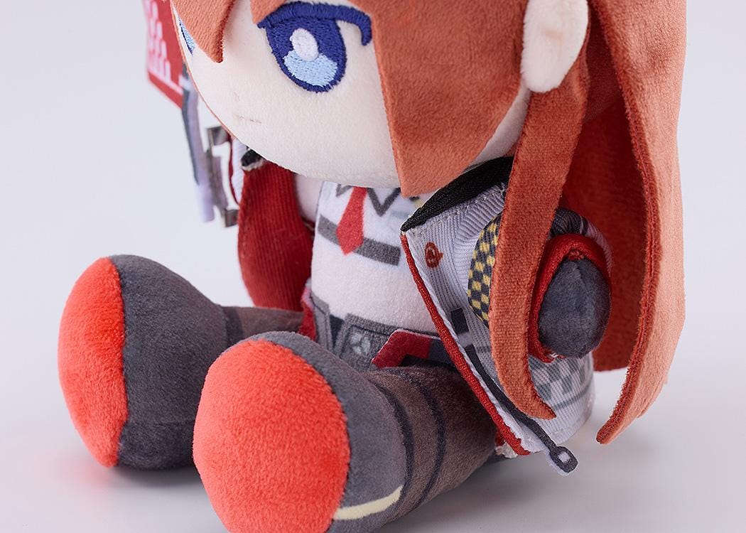 STEINS;GATE Kurisu Makise Racing Ver. Punipuni Plushie seated with reddish-brown hair, blue embroidered eyes, a racing outfit, and a red flag.