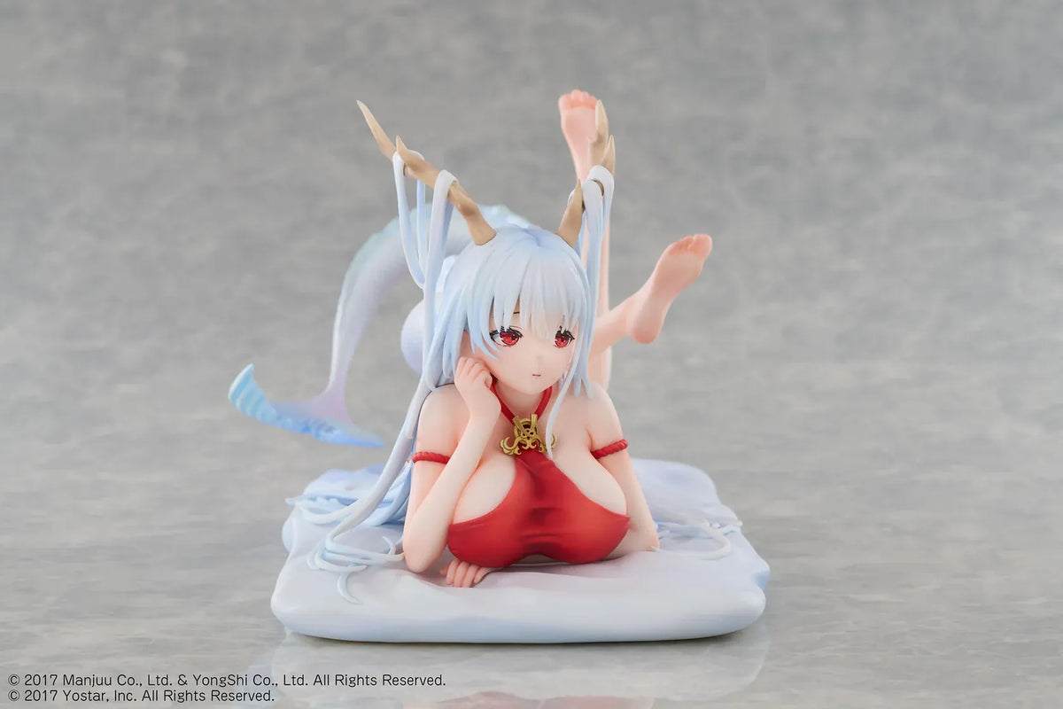 Azur Lane Shimanto 1/7 scale figure reclining on a pale cushion with icy-blue hair, branching horns, a red outfit, and a curling dragon tail.