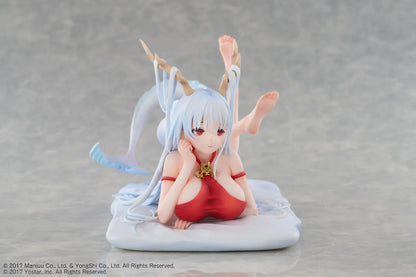 Azur Lane Shimanto 1/7 scale figure reclining on a pale cushion with icy-blue hair, branching horns, a red outfit, and a curling dragon tail.