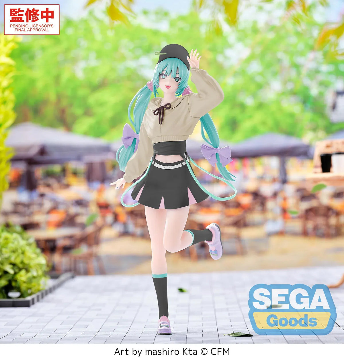 Hatsune Miku Luminasta Stroll Ver. figure wearing a cream hooded top, black skirt and cap, with lavender hair bows and pastel sneakers.
