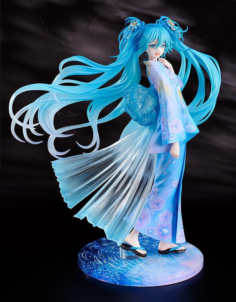Vocaloid Hatsune Miku Music and Fire Works Ver 1/7 Scale Figure wearing a blue yukata with flowing turquoise twin tails and fireworks display base