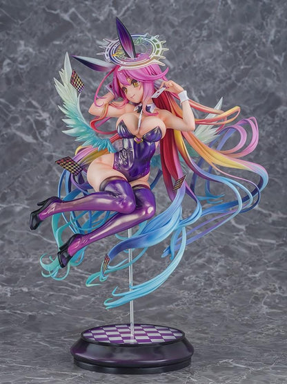 No Game No Life Jibril Bunny Ver. 1/6 Scale Figure featuring a pink-haired anime girl with flowing multicolored strands, golden eyes, purple bunny ears, a glossy purple bunny suit, thigh-high stockings, feathered wings, and a halo floating above a checkered display base.