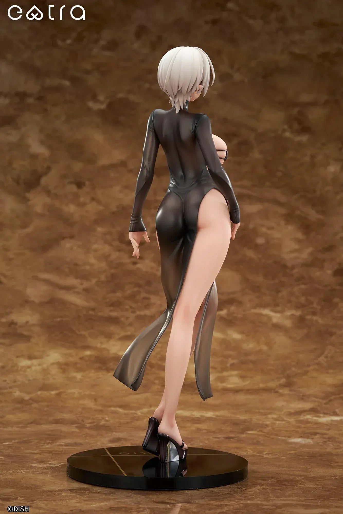 Extra Lilith 1/6 scale figure by DISH, a silver-haired dark-elf woman in a sleek black outfit with translucent skirt standing on a glossy round base.