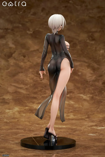 Extra Lilith 1/6 scale figure by DISH, a silver-haired dark-elf woman in a sleek black outfit with translucent skirt standing on a glossy round base.