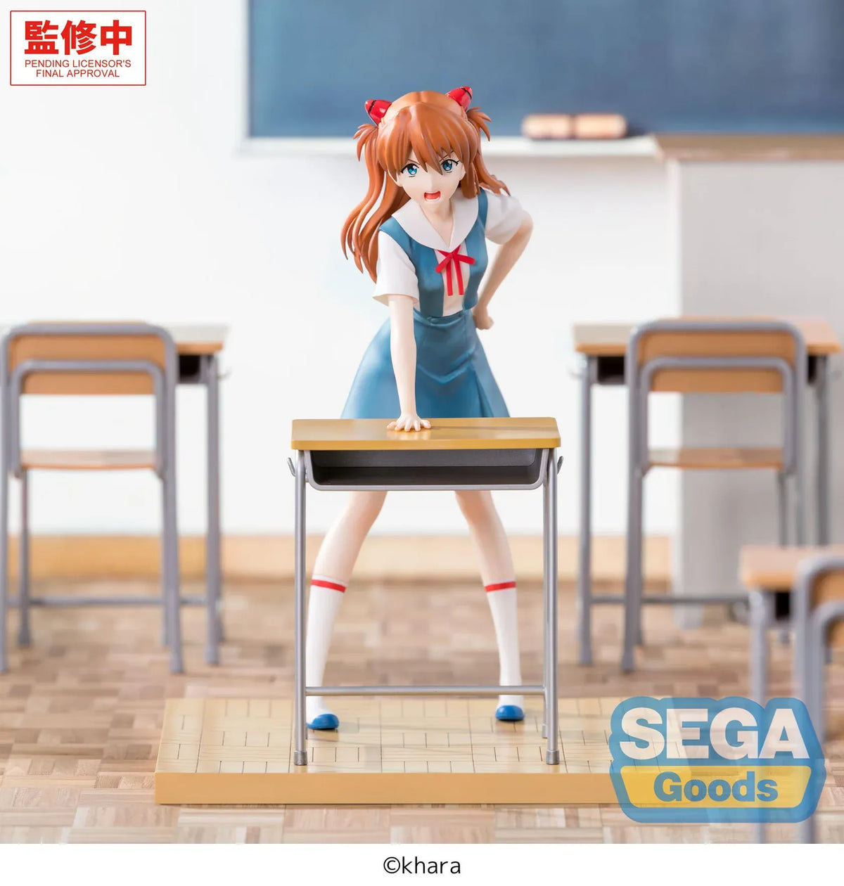 XStellar Asuka Shikinami Langley Uniform Ver. figure leaning on a school desk, wearing a blue and white uniform, on a parquet-style floor base.