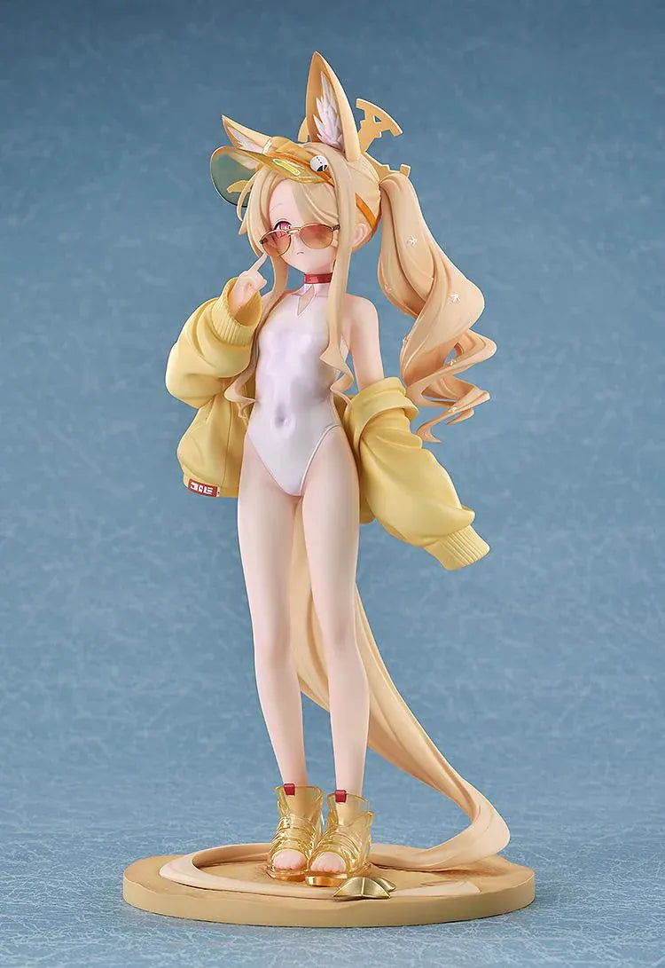 Blue Archive Seia Swimsuit 1/7 scale figure wearing a white swimsuit, yellow jacket, tinted sunglasses, and gold sandals.