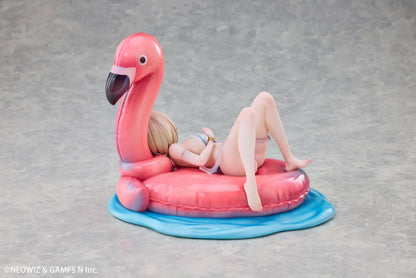 Brown Dust 2 Hot Summer Dream Justia 1/7 Scale Figure relaxing on a pink flamingo float with a water-themed display base