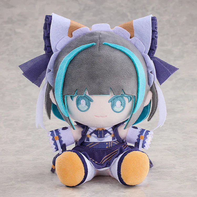 Azur Lane Cheshire Punipuni plushie with gray and teal hair, cat ears, embroidered eyes, and navy outfit sitting pose