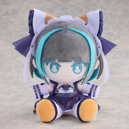 Azur Lane Cheshire Punipuni plushie with gray and teal hair, cat ears, embroidered eyes, and navy outfit sitting pose