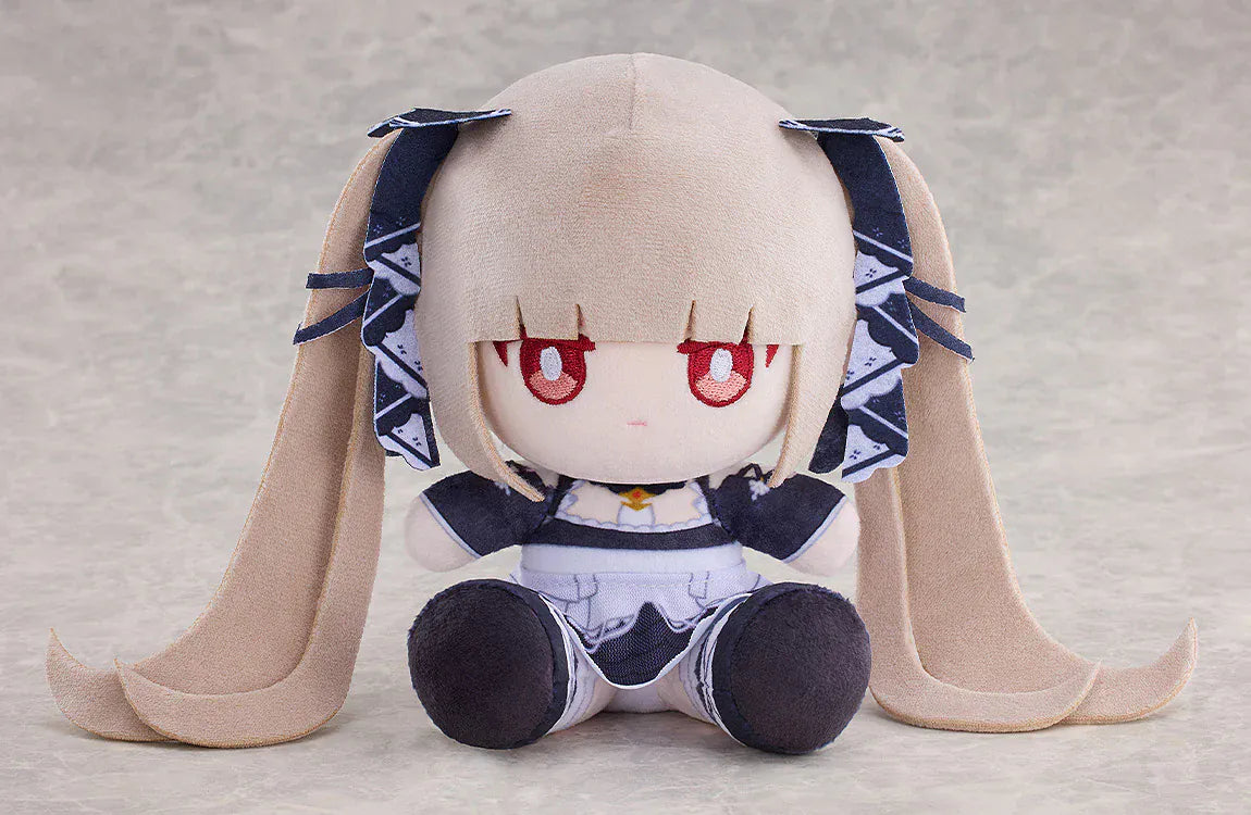 Azur Lane Formidable Punipuni plushie with long blonde twin tails, red embroidered eyes, and navy outfit in seated pose