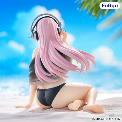 Super Sonico Swimsuit Black Color Ver Noodle Stopper figure with pink hair and headphones in seated pose