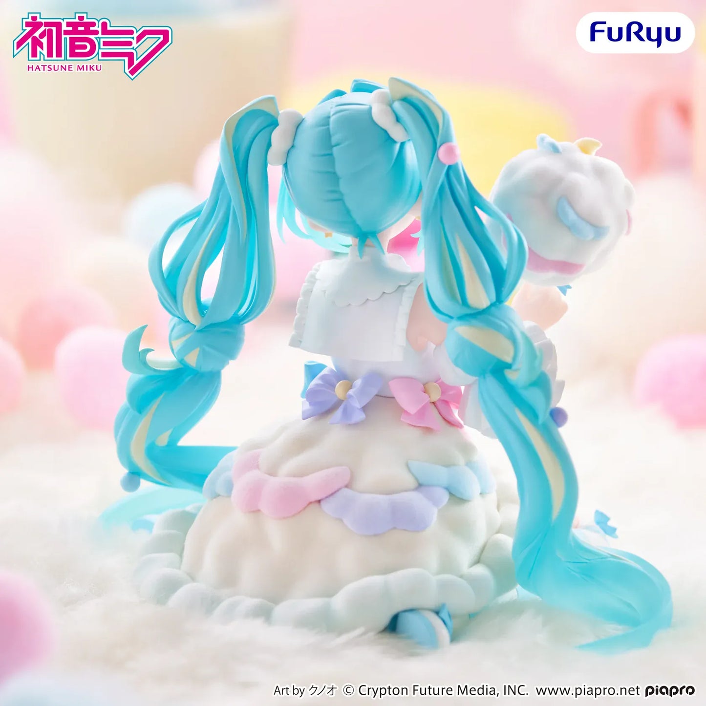 Hatsune Miku melffy Figure Sugar Cloud featuring Miku with bright twin tails, pastel outfit, candy-inspired accessory, and cute seated pose