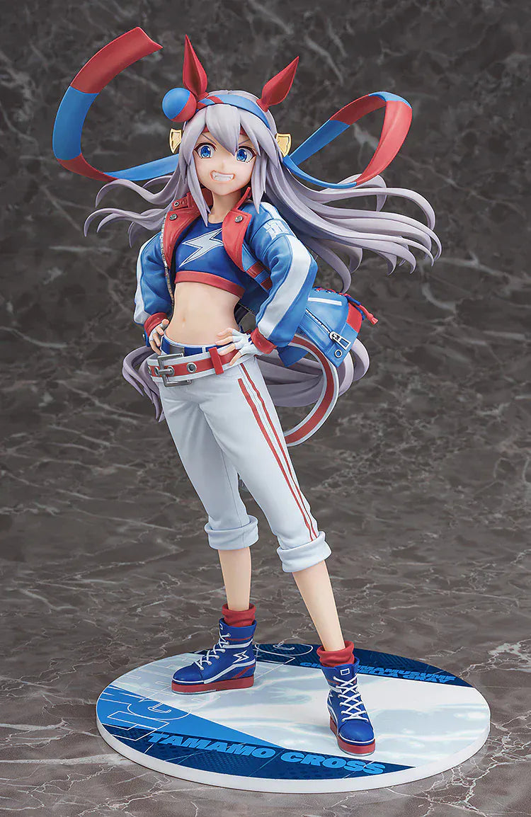 Uma Musume: Cinderella Gray Tamamo Cross 1/7 Scale Figure featuring Tamamo Cross in her vibrant blue and red racing jacket with confident pose and long flowing twin tails.