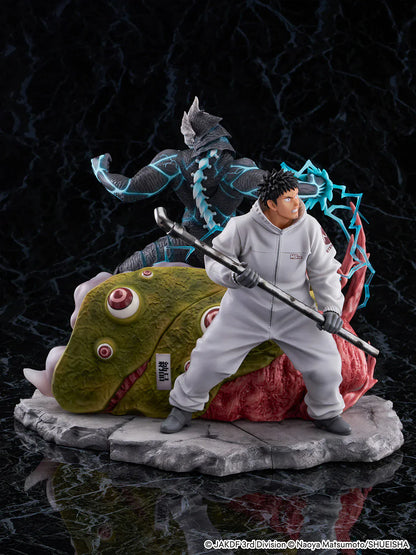 Kaiju No. 8 Kafka Hibino and Kaiju No. 8 1/7 scale figure diorama with Kafka wielding a pipe in front of the transformed kaiju and organic nest base