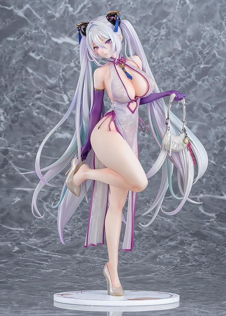 Azur Lane Kearsarge Springtime Monitoring 1/6 Scale Figure featuring long silver hair, an elegant white and purple outfit, handbag, and high heels