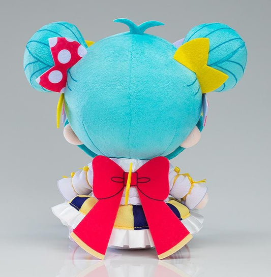 Hatsune Miku MIKU EXPO 2023 VR Costume Contest Grand Prize Design plush with teal twin tails, red polka dot bow, yellow bow, and detailed stage outfit