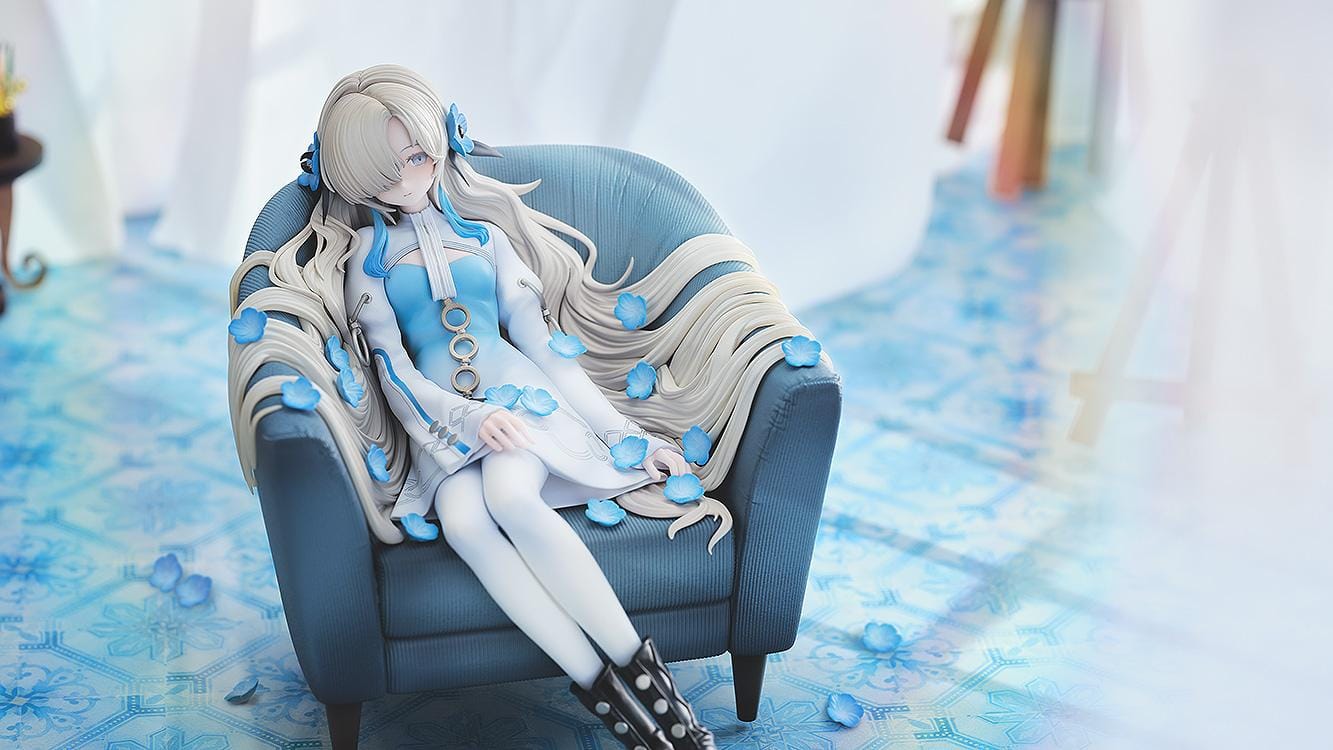 Isekaijoucho Universal Body Nemophila 1/7 scale figure sitting on blue chair with flowing silver hair and blue flower petals