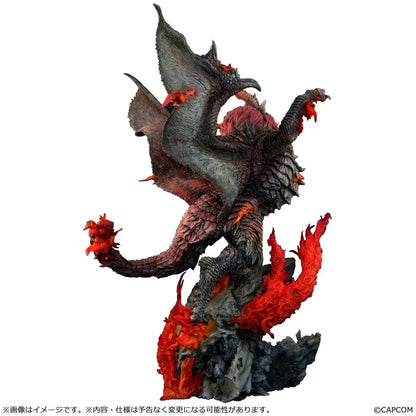 Monster Hunter Capcom Figure Builder Creator's Model Teostra (Rerelease) featuring a fearsome Elder Dragon with massive outstretched wings, a fiery red mane, sharp horns, detailed scales, and red flame effects atop a rocky display base.