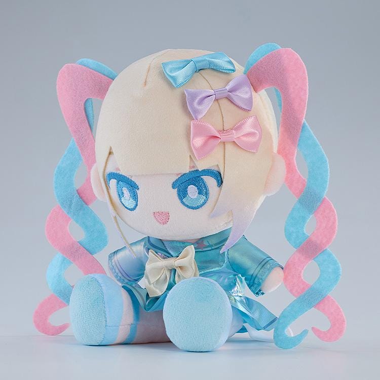 NEEDY GIRL OVERDOSE OMGkawaiiAngel Punipuni plushie with pink and blue spiral twin-tails, embroidered blue eyes, and a shimmering blue outfit.