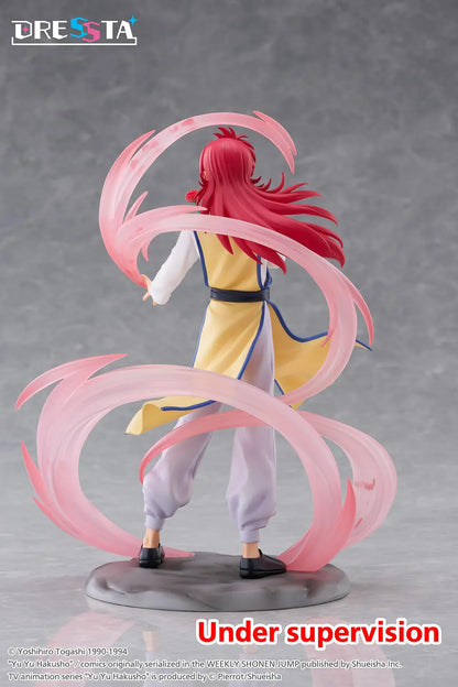 Yu Yu Hakusho Dressta Kurama Figure with red hair, yellow outfit, rose accessory, pink energy effects, and display base