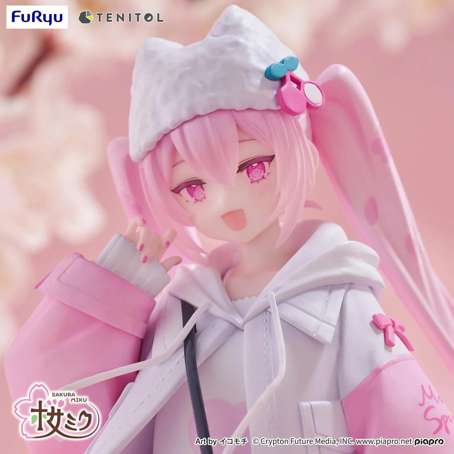 Vocaloid Tenitol Petit Sakura Miku Cool Style Figure featuring Sakura Miku in a pink and white hoodie outfit with twin-tails and a cat-shaped bag