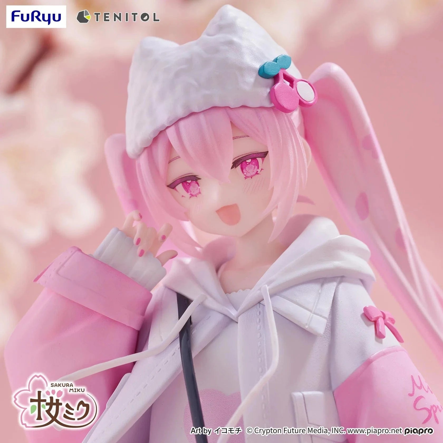 Vocaloid Tenitol Petit Sakura Miku Cool Style Figure featuring Sakura Miku in a pink and white hoodie outfit with twin-tails and a cat-shaped bag