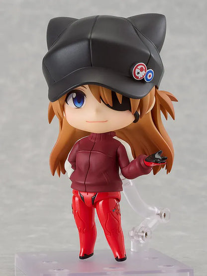 Rebuild of Evangelion Nendoroid Asuka Shikinami Langley Jersey Ver. Figure featuring Asuka in a chibi-style design with orange hair, black cat-ear cap, red jersey outfit, and eyepatch detail.