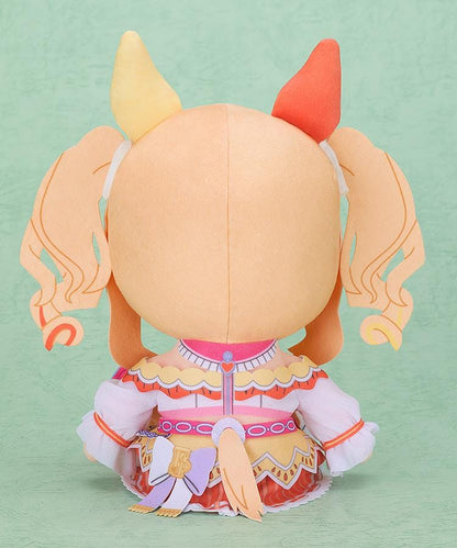 Fusaichi Pandora Kuripan plushie with curled blonde twin-tails, a white forelock, a winking face, colorful ear coverings, and blue and lavender soles.